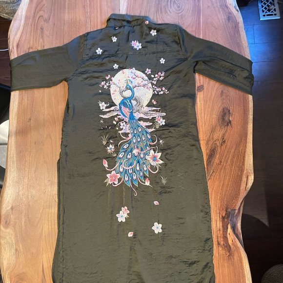 Zara Forest Green Button Down Embroidered Maxi Blouse Kimono. Size Small - Picture 8 of 15